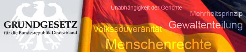 Collage: Grundgesetz für die Bundesrepublik Deutschland (Unabhängigkeit der Gerichte, Mehrheitsprinzip, Gewaltenteilung, Volkssouveränität, Menschenrechte)